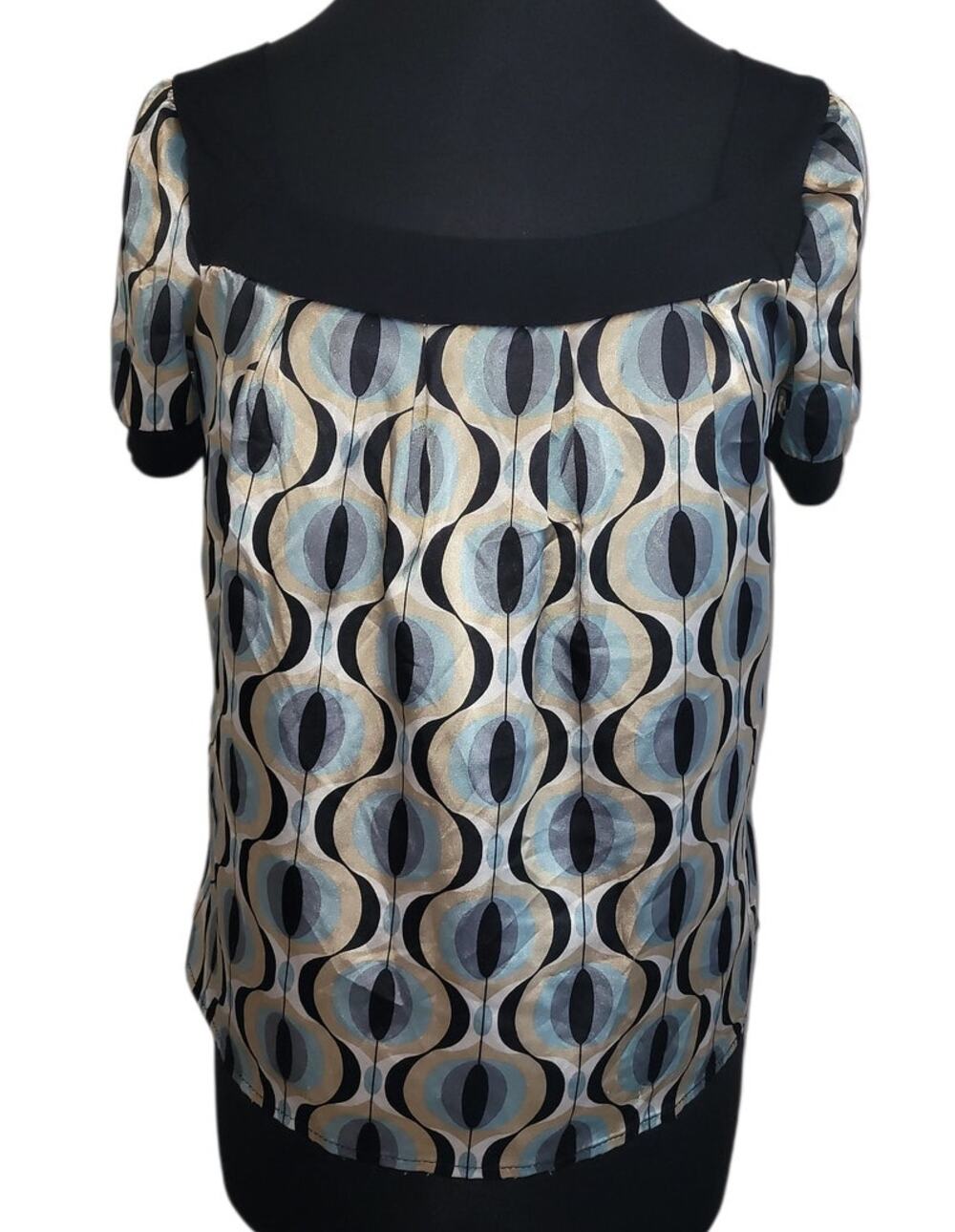 VTG Y2K Satin Abstract Blouse Silver Blue Oversized Retro M Mall Girl Trendy